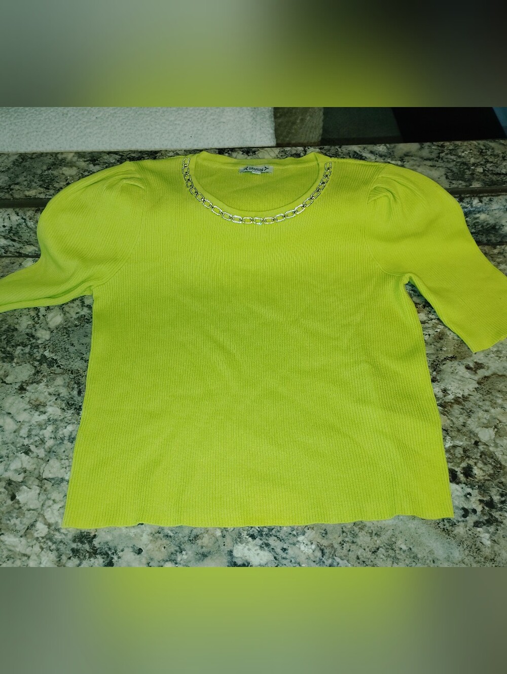 Nannette Lime Short-Sleeve Knit Top with Chain Trim